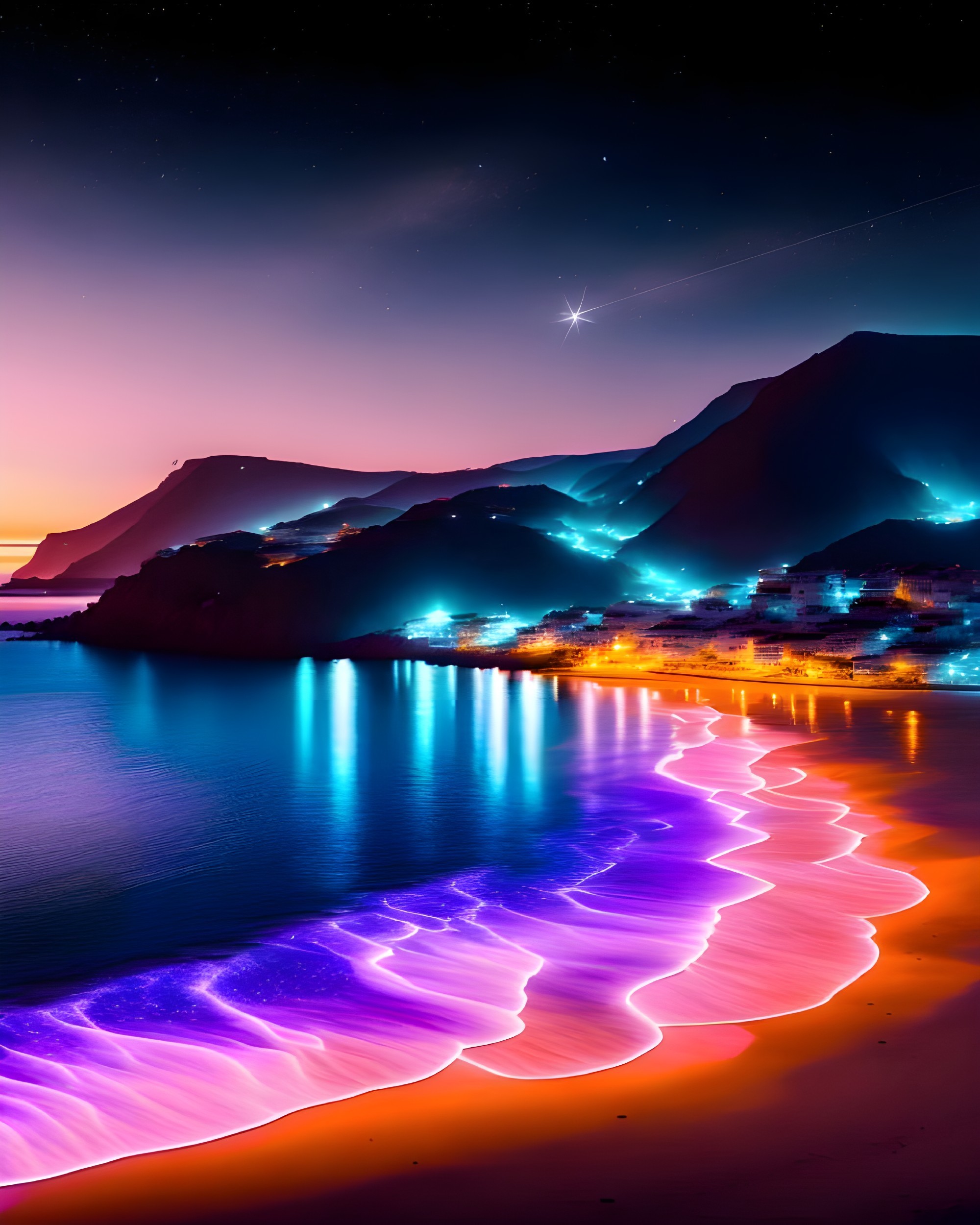 Bioluminescent waves illuminate night beach scene