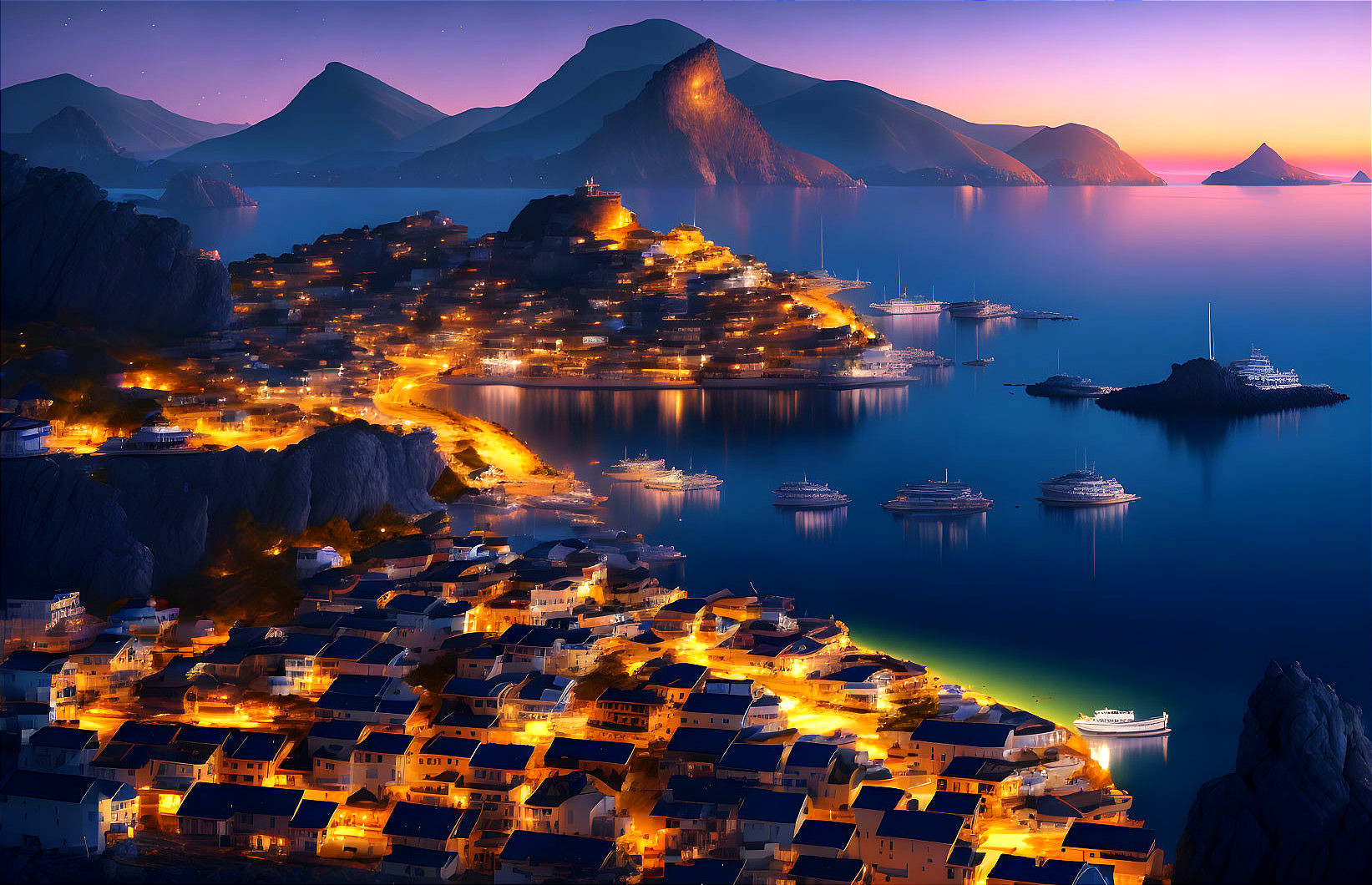 Twilight coastal town with illuminated buildings, serene sea, yachts, mountains, dusky sky