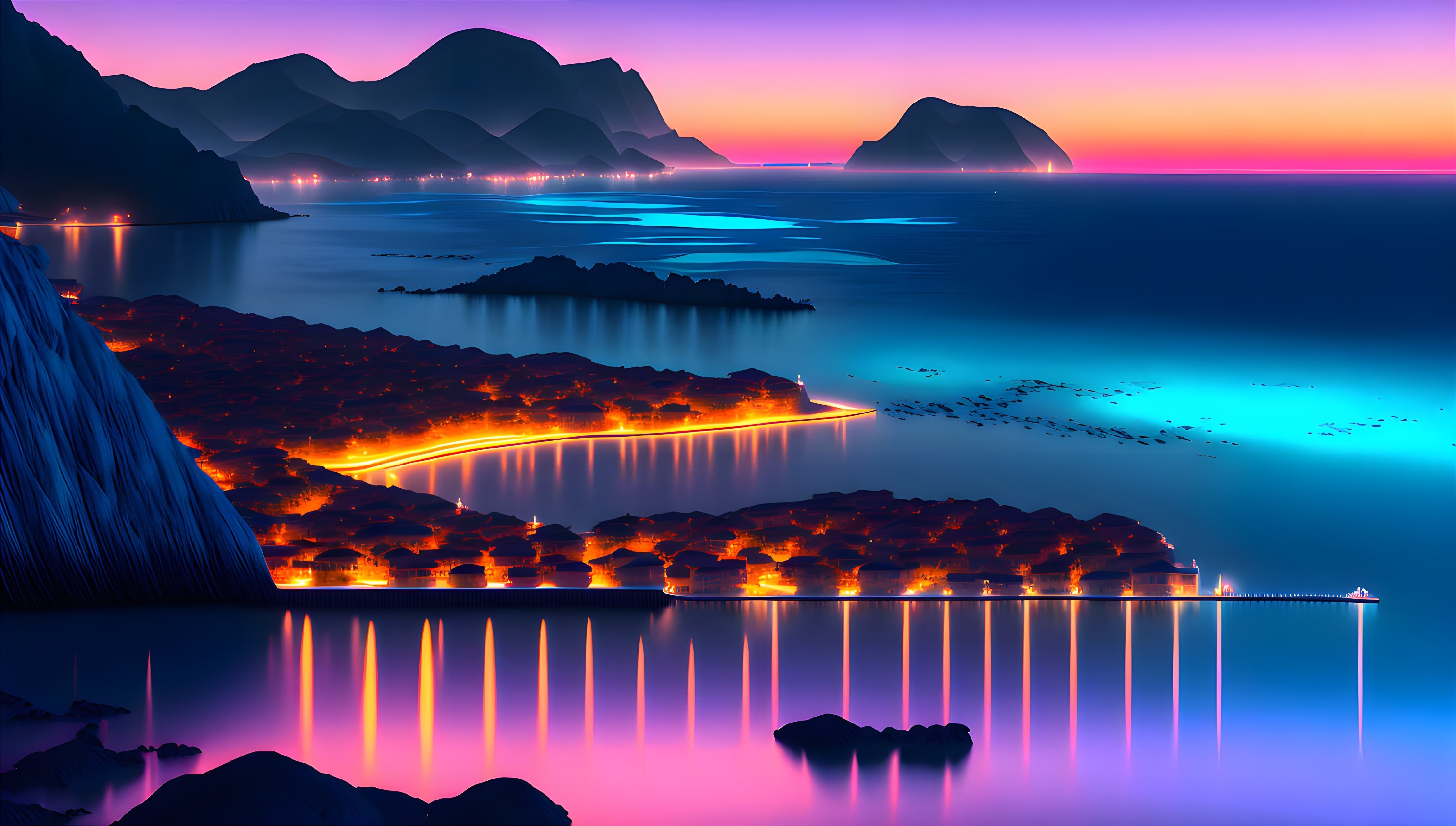 Twilight coastal landscape with illuminated roads, vivid sky, mountains, and serene reflections.