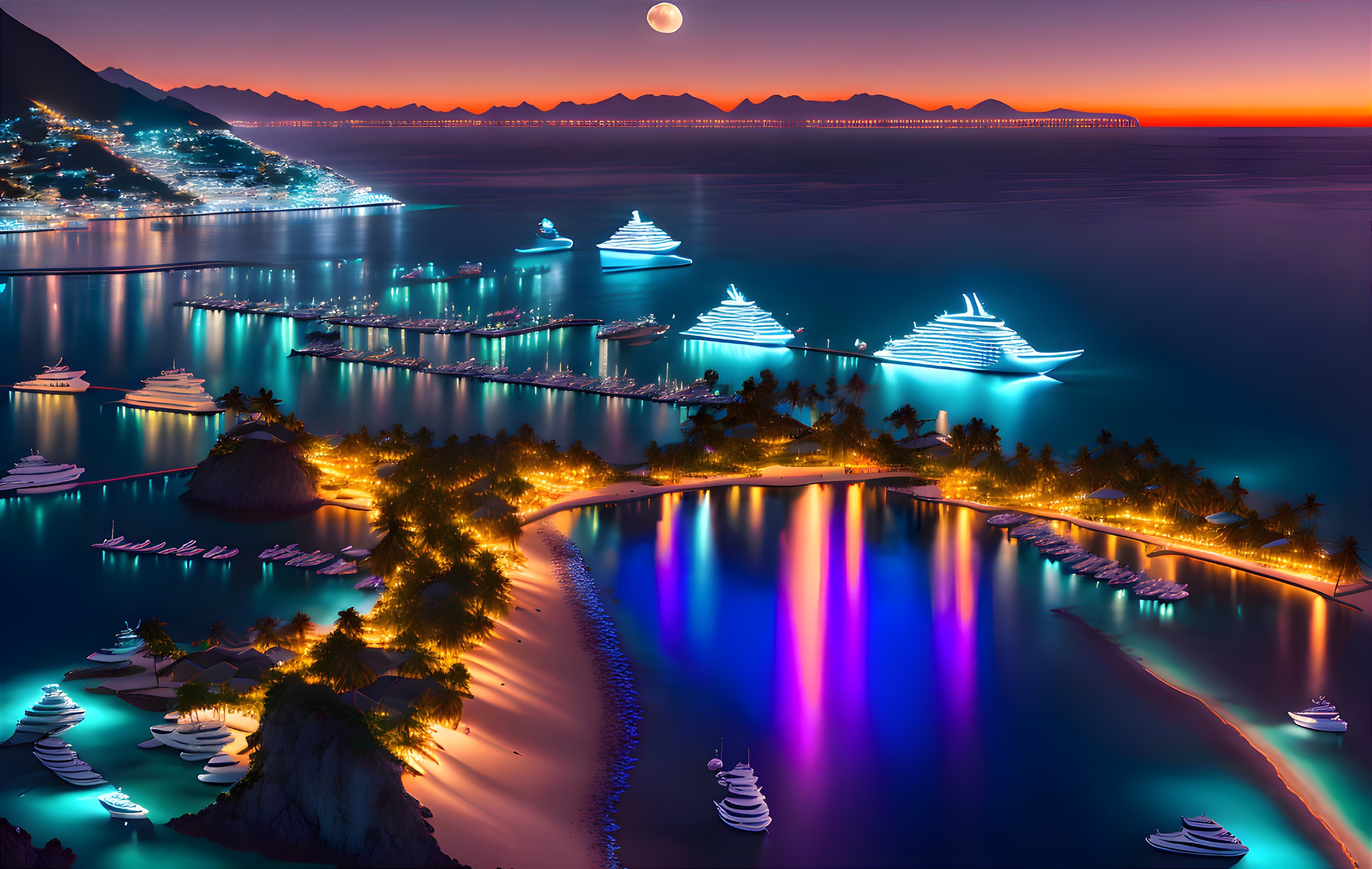 Futuristic coastal city at night with illuminated buildings and advanced yachts