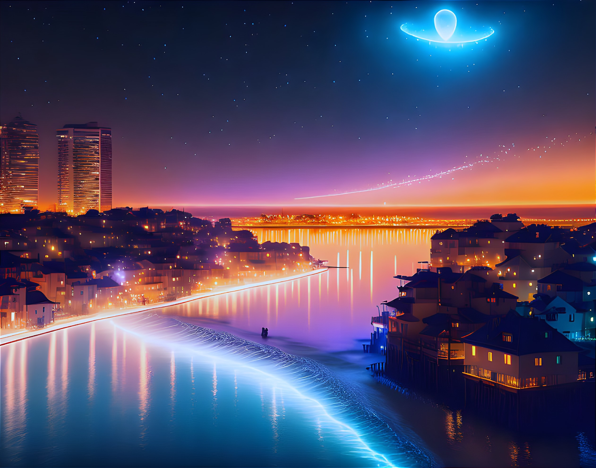 Vibrant digital artwork: Coastal town at night with glowing buildings, starry sky, neon comet