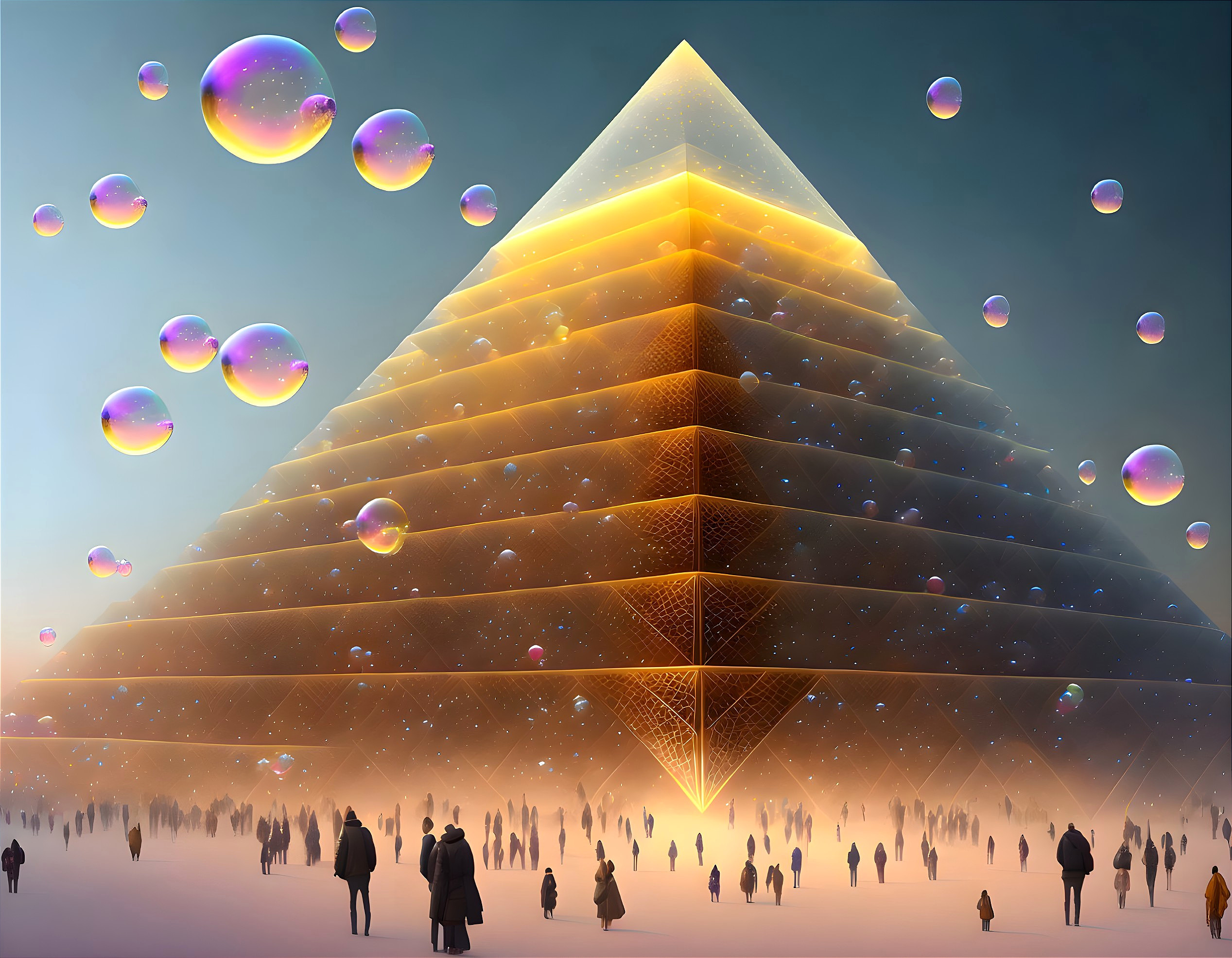 Giant illuminated pyramid over crowd at twilight with floating bubbles