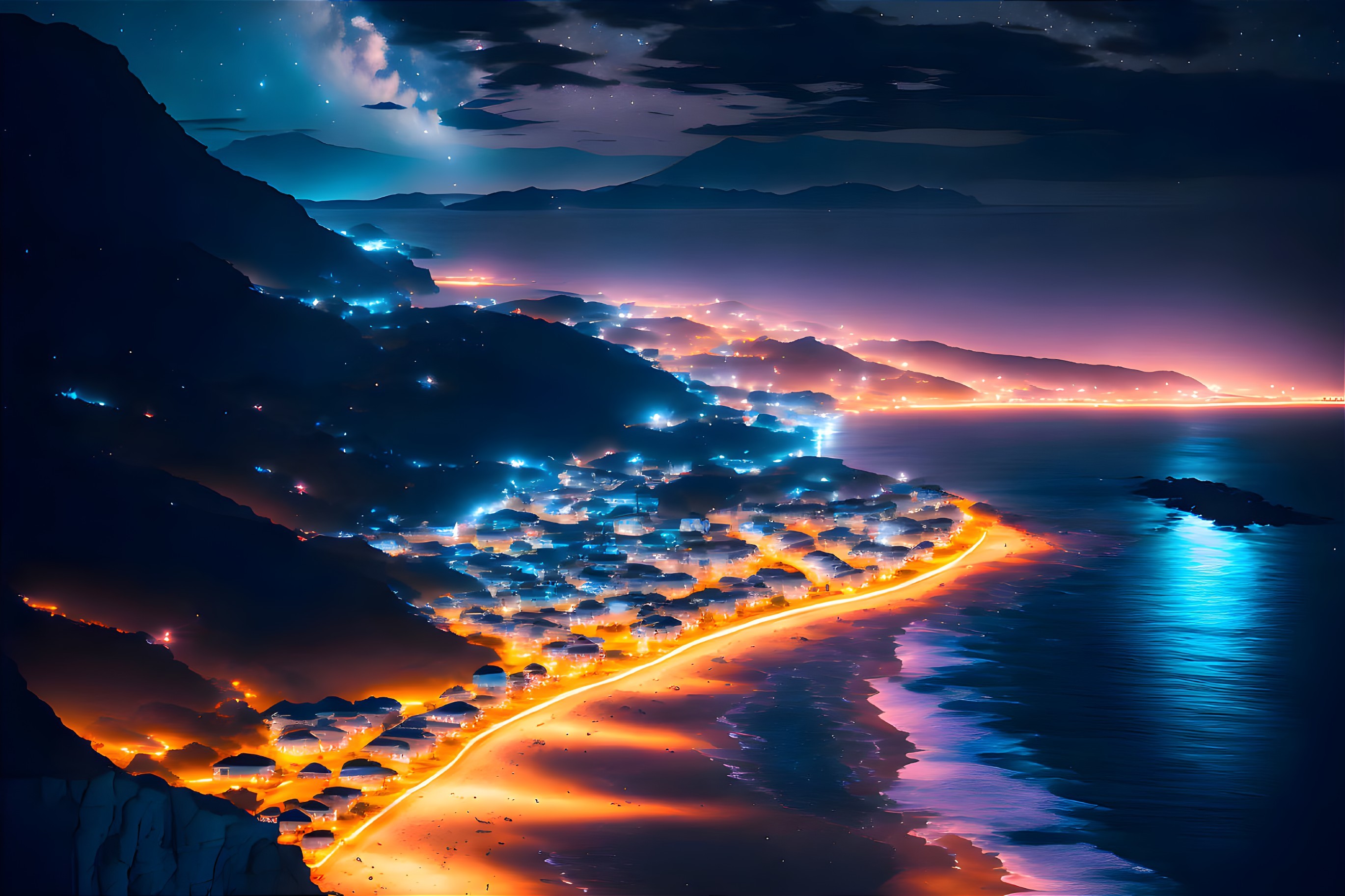 Nocturnal coastal scene: illuminated houses, winding shoreline, starry sky