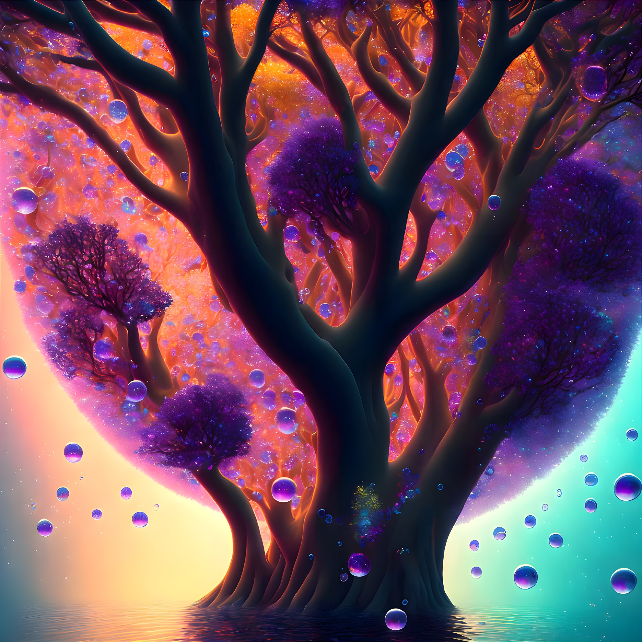 Fantastical purple tree under sunset sky with floating bubbles