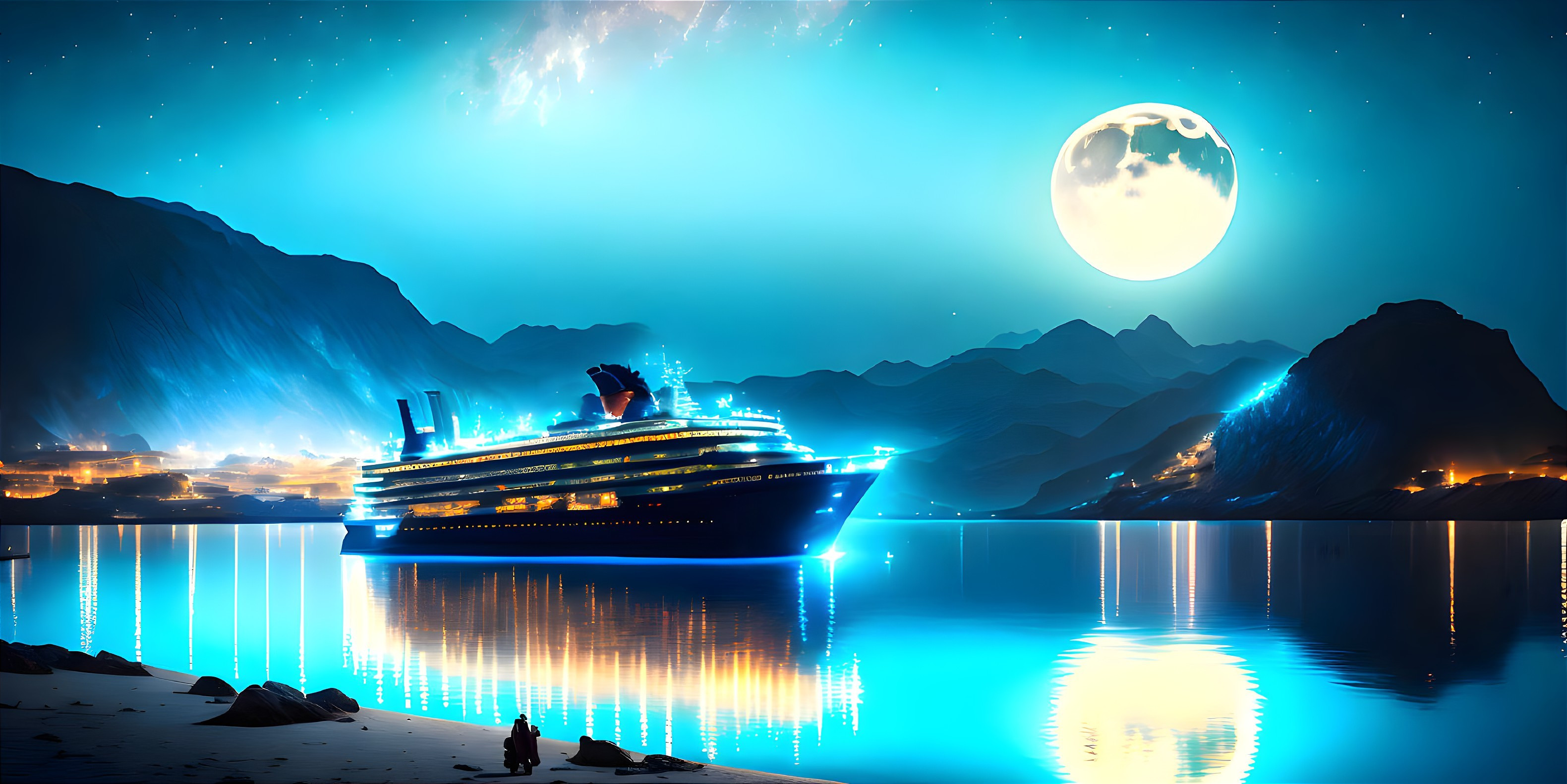 Couple by serene lake at night with illuminated cruise ship, mountains, starry sky, and full
