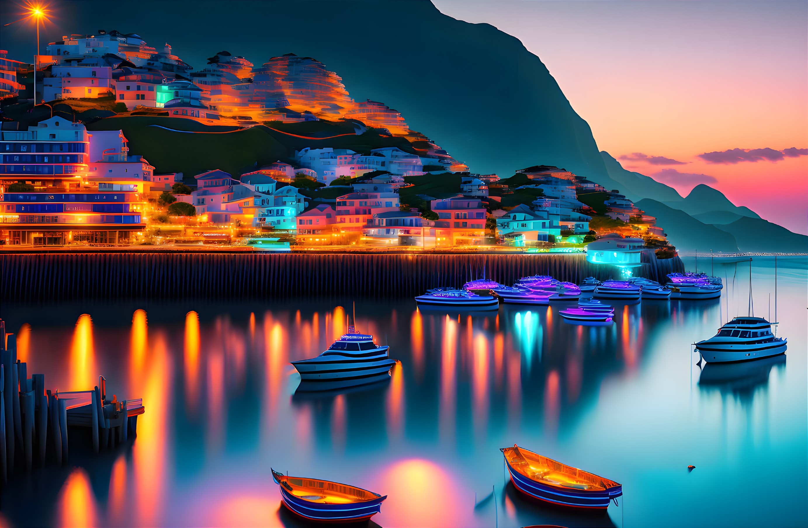 Vibrant sunset over colorful waterfront buildings and boats