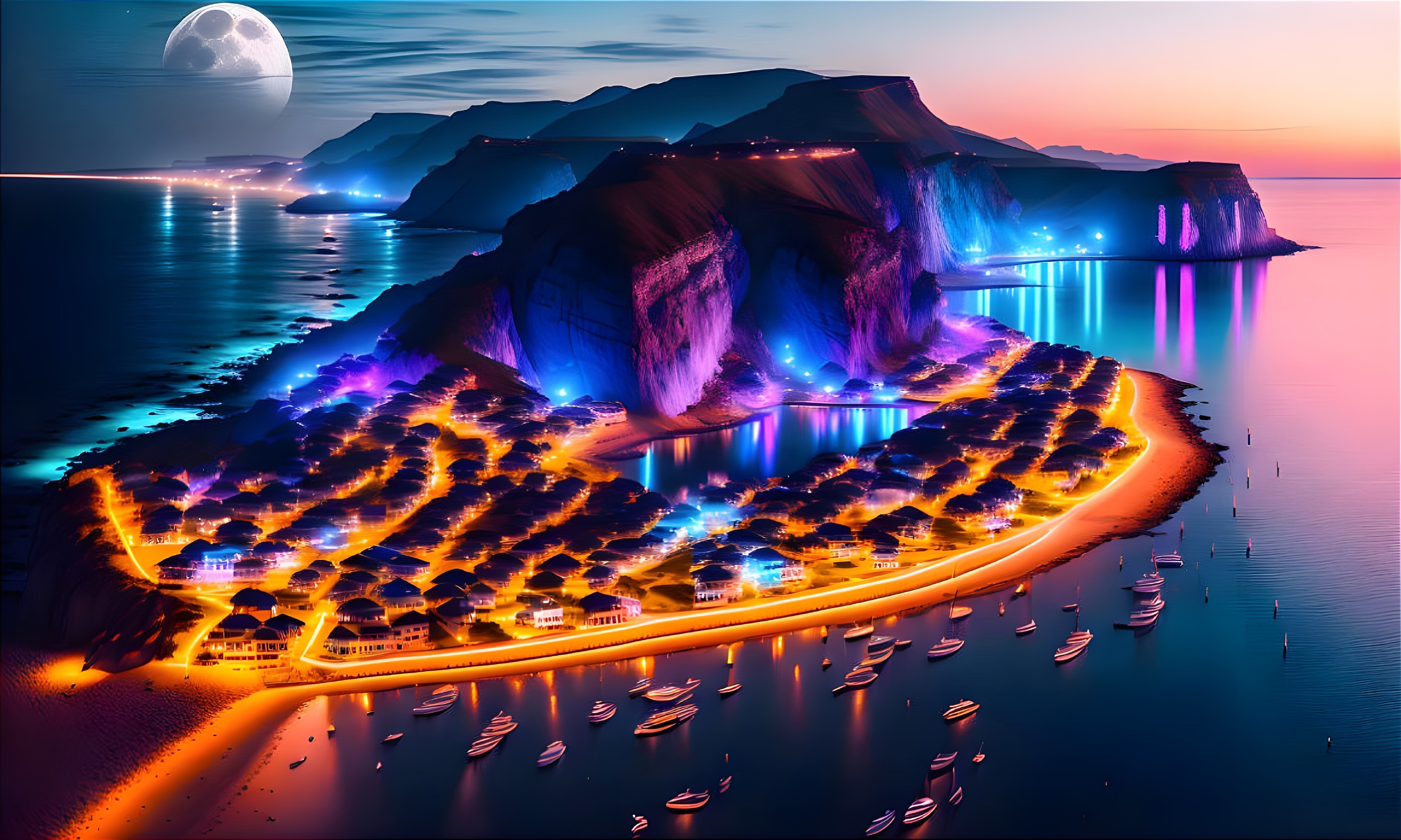 Futuristic coastal city at twilight with illuminated buildings, boats, moon, and underwater lights