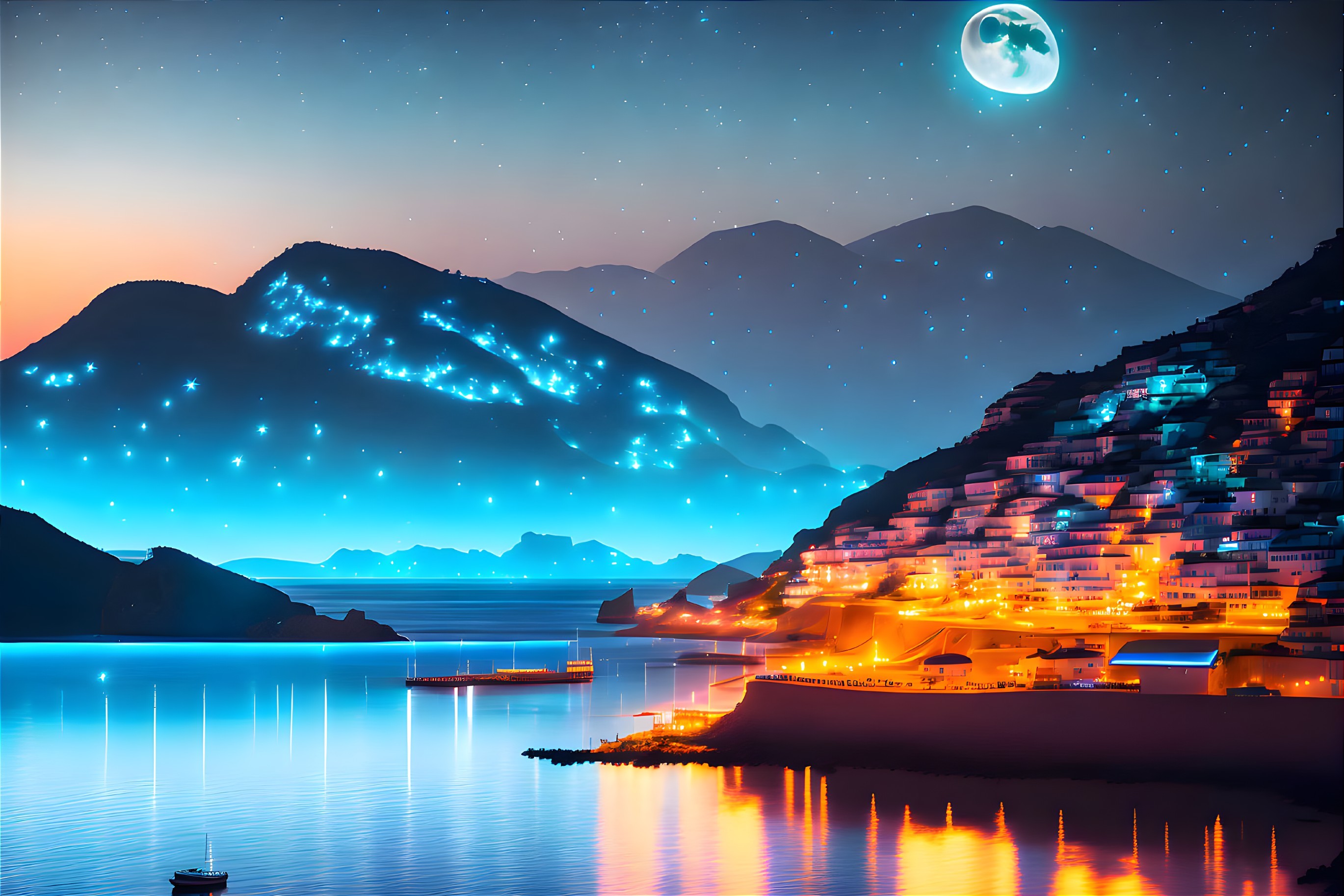 Digital artwork: Coastal night scene with illuminated buildings on mountain slopes, starry sky, stylized moon