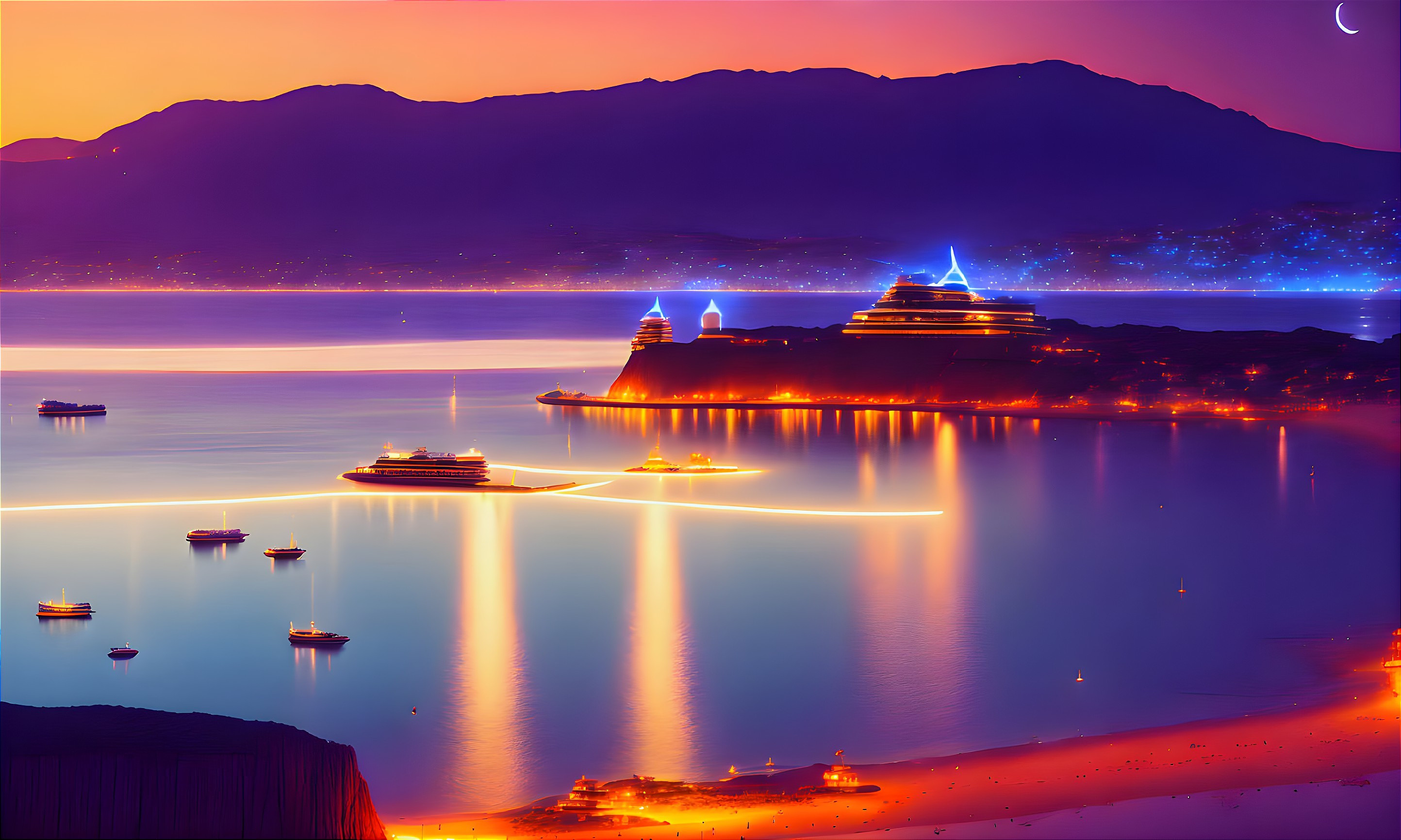 Luxury yachts anchored at dusk on illuminated coastline