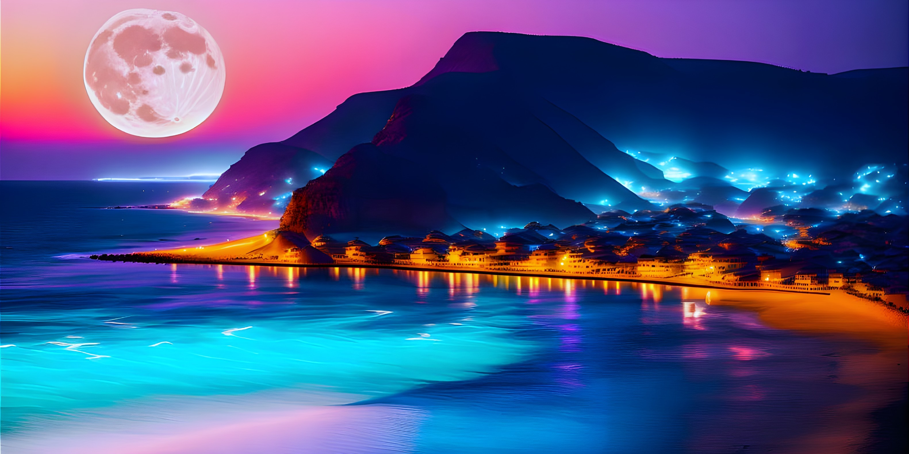 Luminous full moon over neon-blue sea and coastal village at twilight