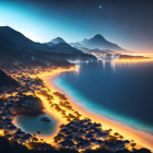 Illuminated Coastal Village at Night with Mountains and Starry Sky