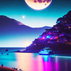 Moonlit coastal scene with hillside buildings and boats in vibrant digital artwork