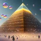 Giant illuminated pyramid over crowd at twilight with floating bubbles