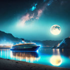 Couple by serene lake at night with illuminated cruise ship, mountains, starry sky, and full