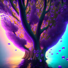 Fantastical purple tree under sunset sky with floating bubbles