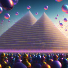 Surreal landscape with luminescent pyramids and shiny spheres