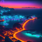 Neon-lit digital artwork of lava river and glowing flora