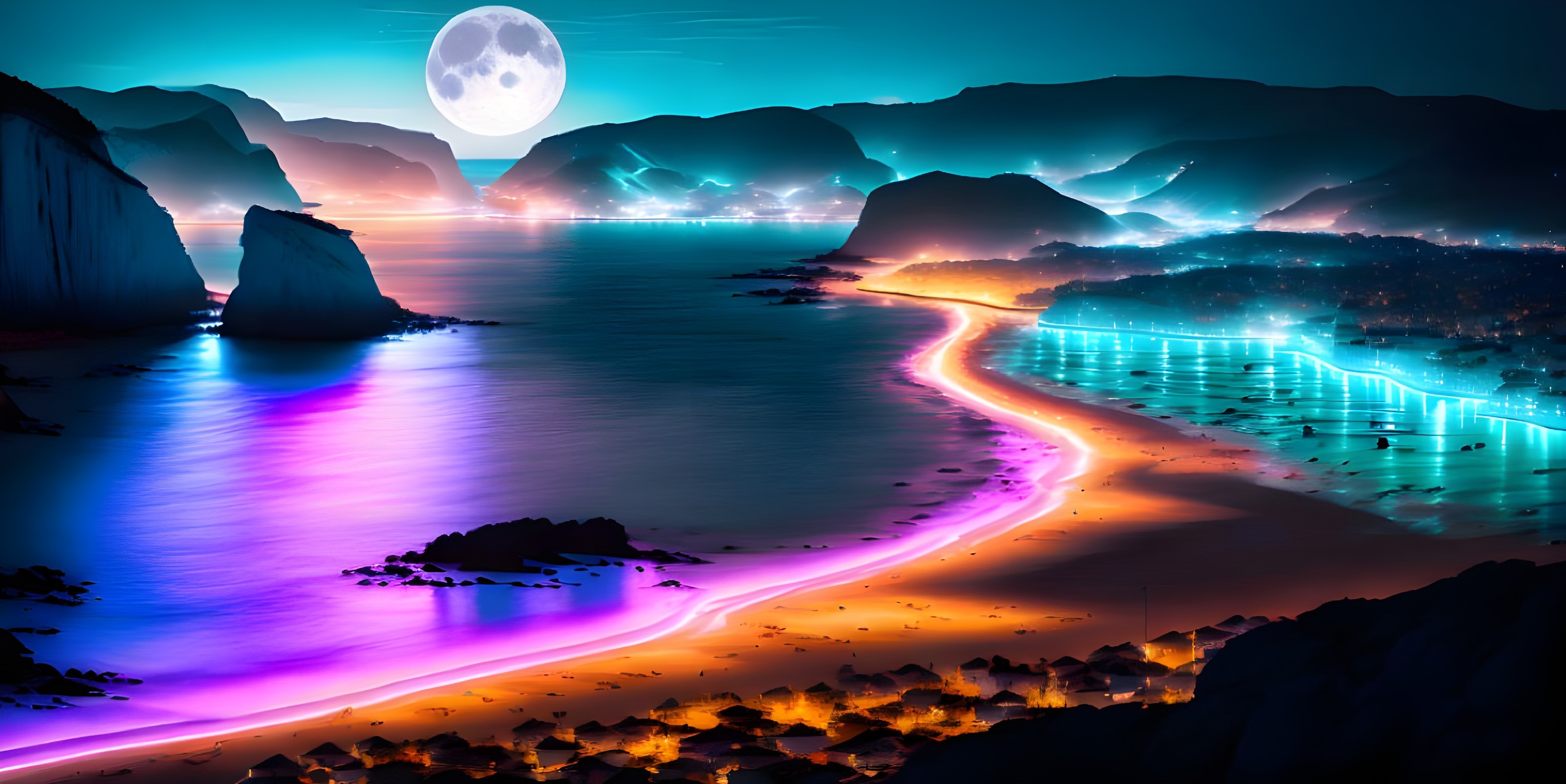 Vivid Night Landscape: Purple Beach, Coastal City Lights, Full Moon, Misty Mountains