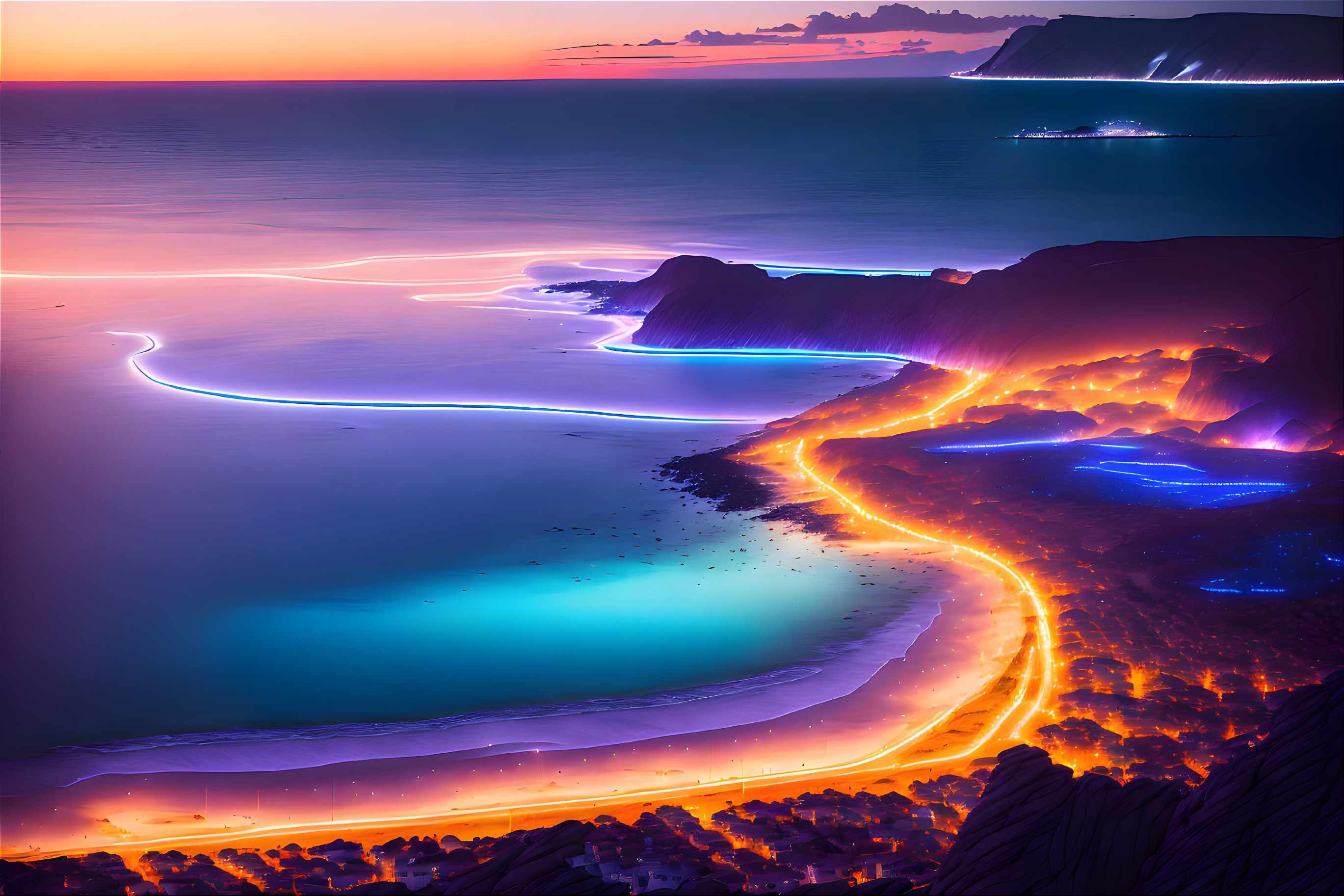 Nighttime coastal landscape with neon roads and water in digital art