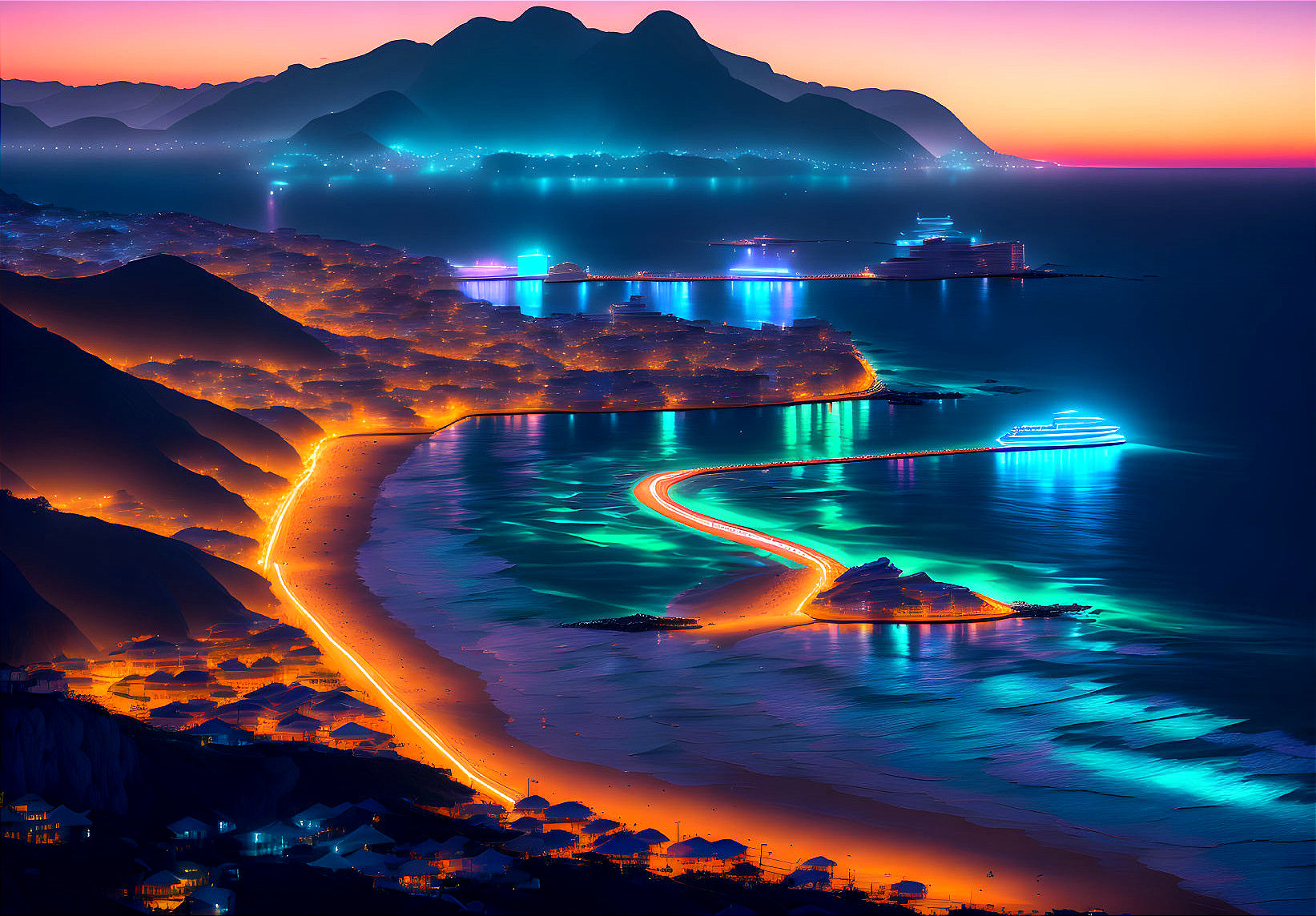 Scenic coastal nightscape with neon lights, roads, beaches, harbor, boats, and mountains