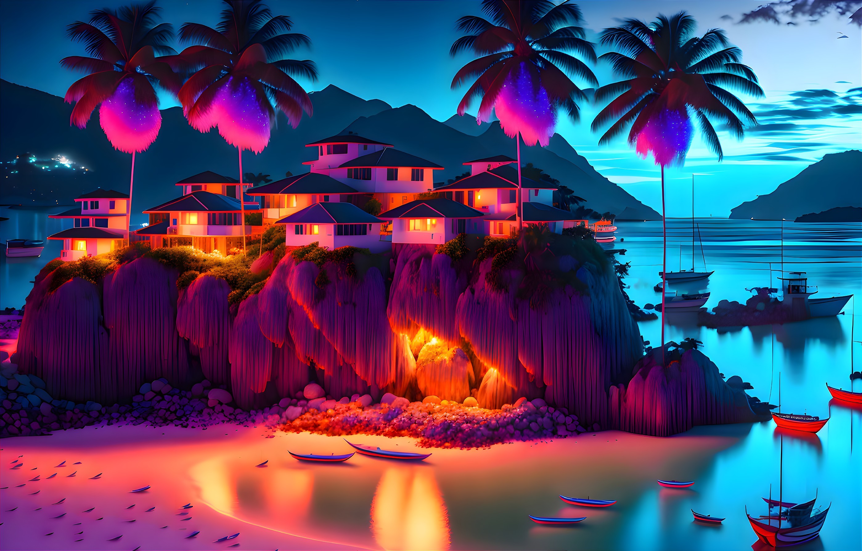 Tropical beach scene at dusk with neon-lit palm trees and waterfront houses.