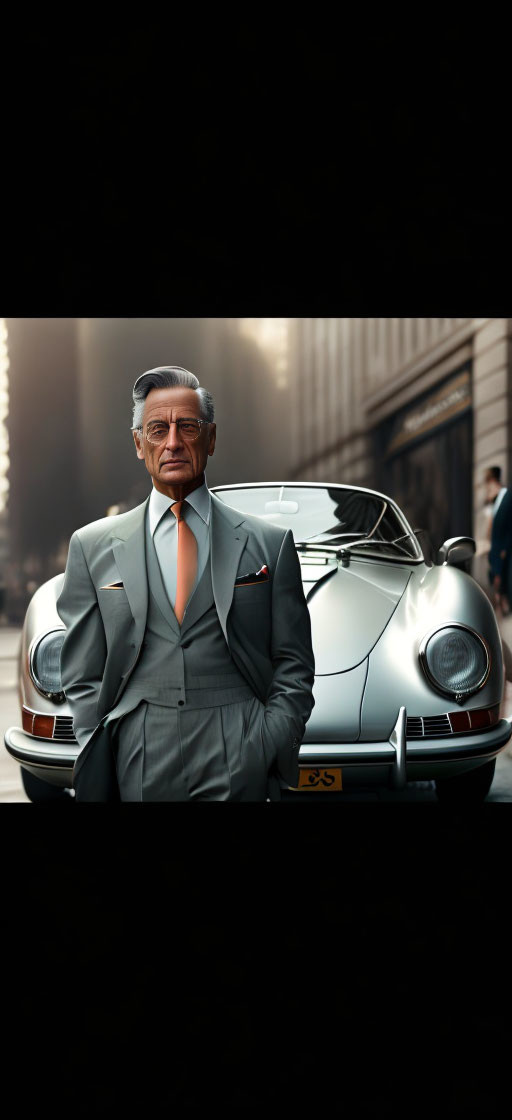 Stylish man in gray suit by silver sports car in city street