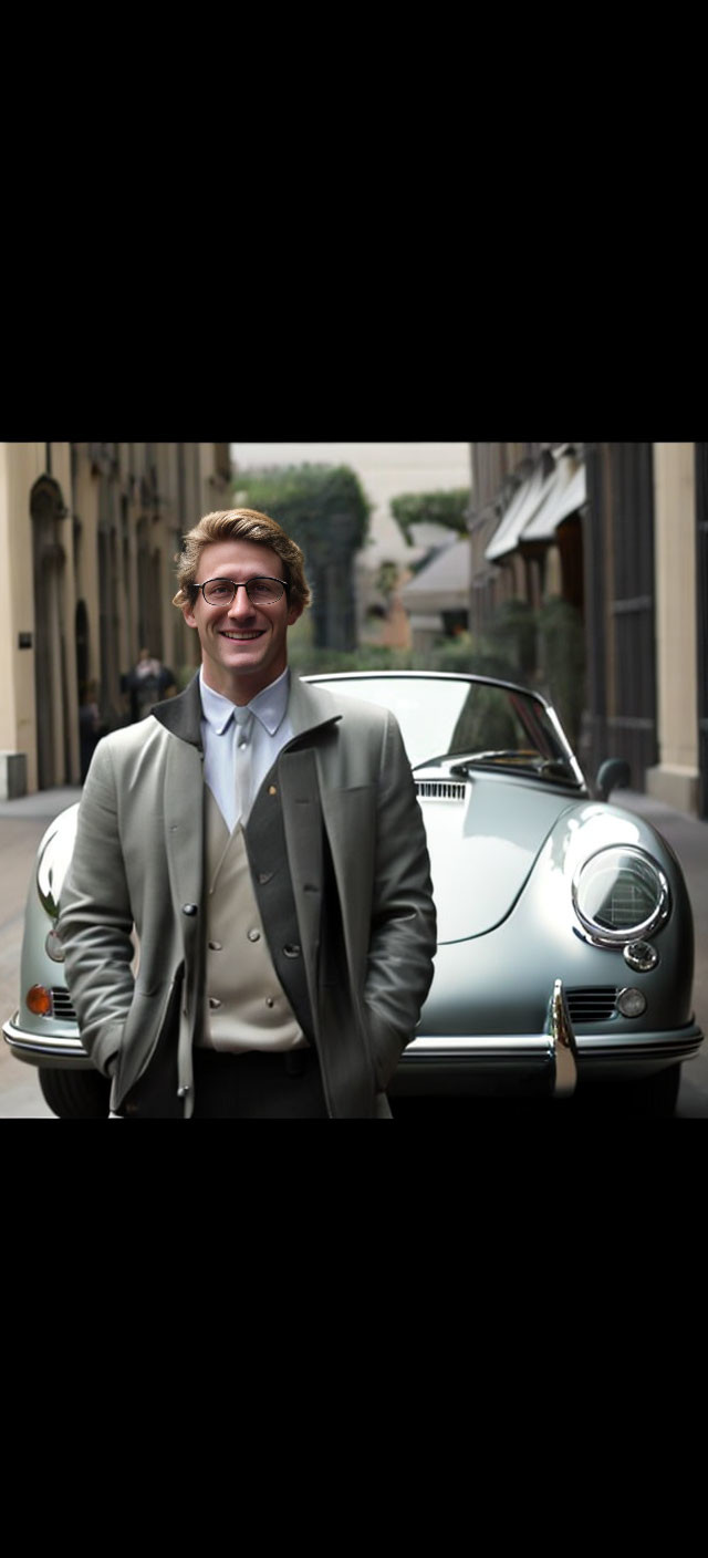 Smiling man in suit with classic sports car on city street