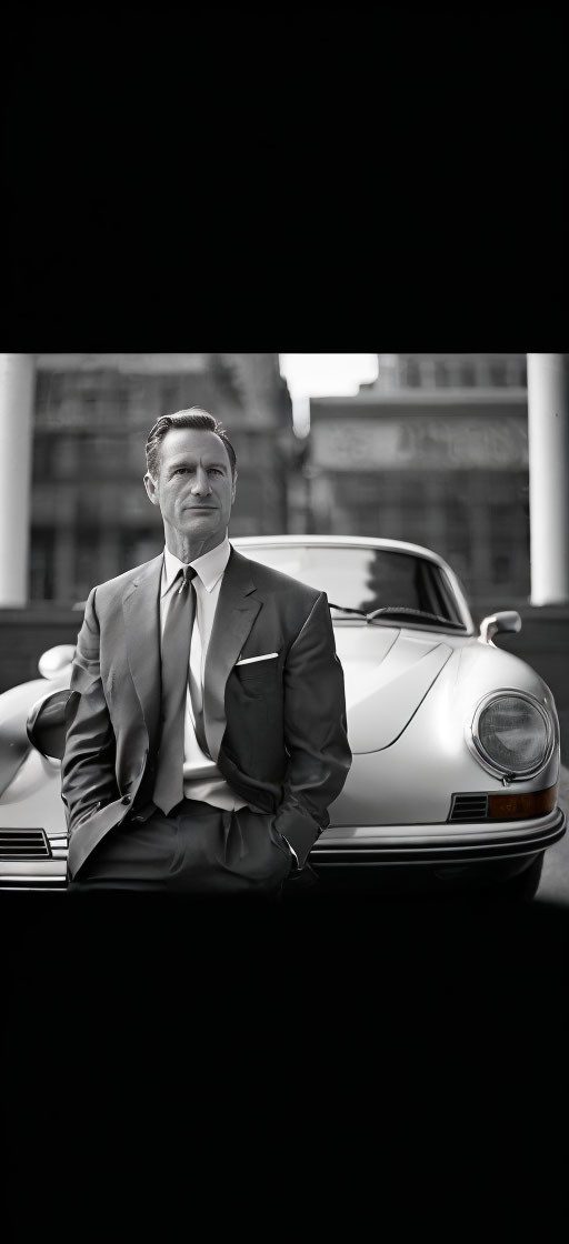 Monochrome image of man in suit with classic Porsche car