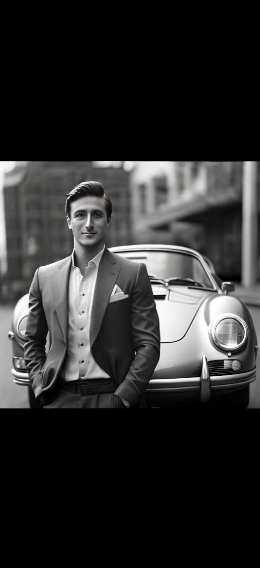 Stylish man in suit by classic car in urban setting