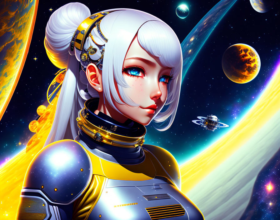 Illustrated female android with white hair and blue eyes in space backdrop with planets and galaxy.