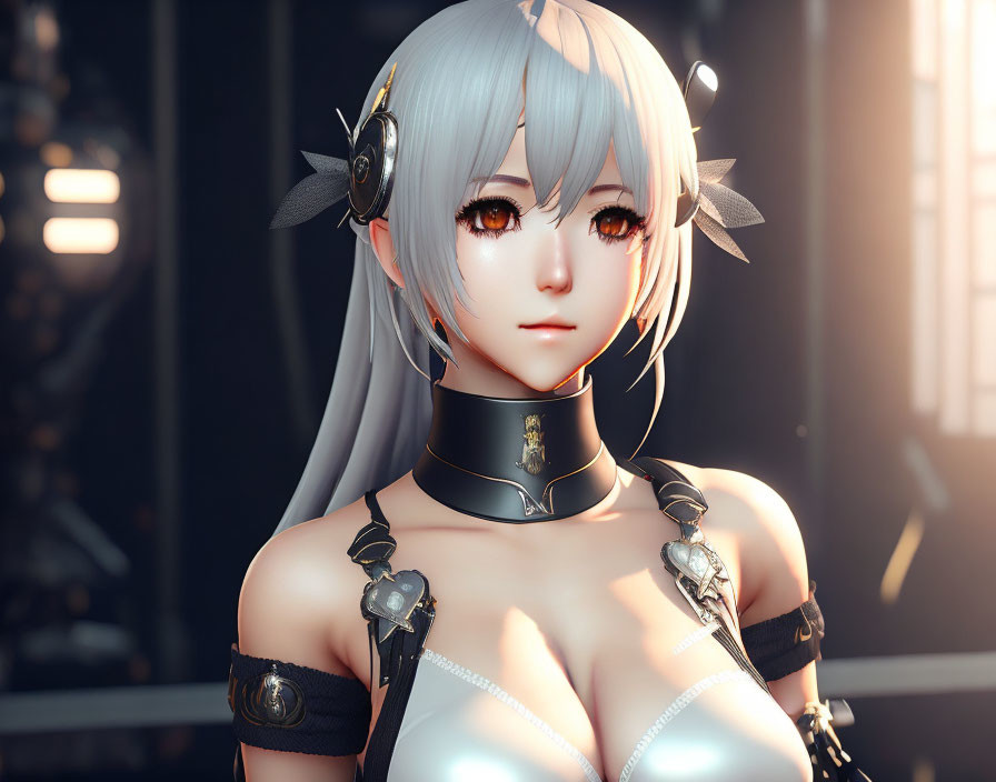 3D-rendered female character with silver hair and futuristic headphones