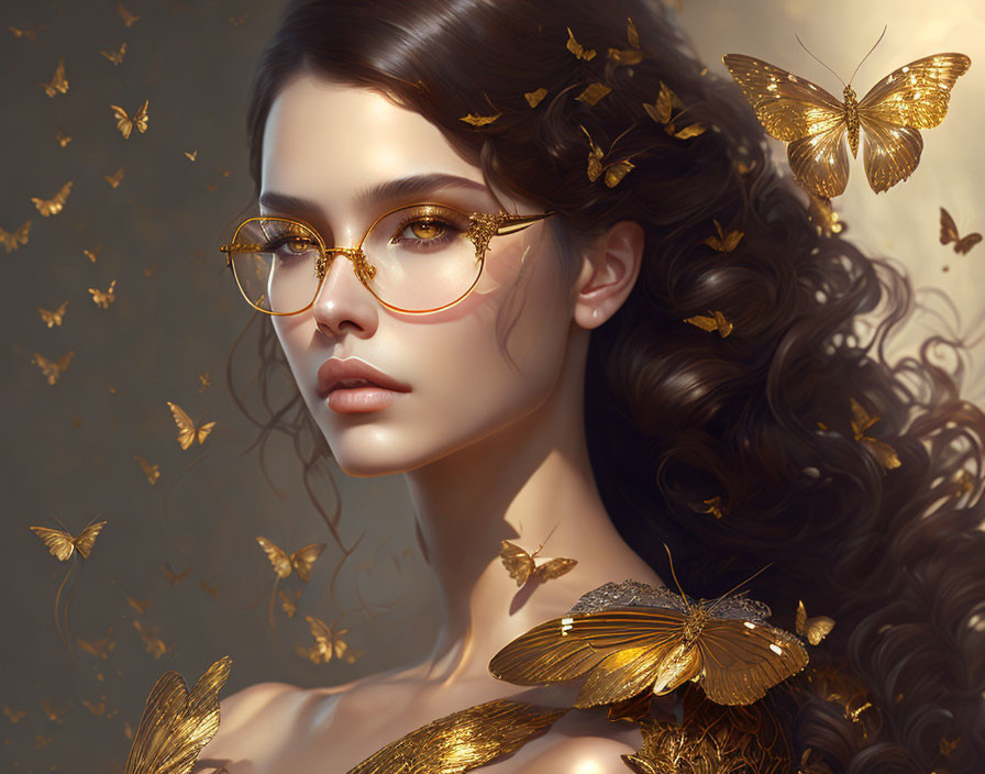 Woman with Glasses Surrounded by Golden Butterflies on Warm Background