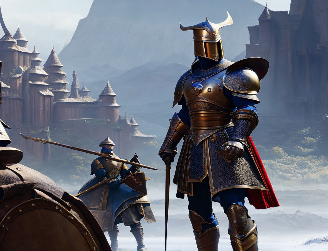 Armored knights with spears in front of fantasy castle and mountains