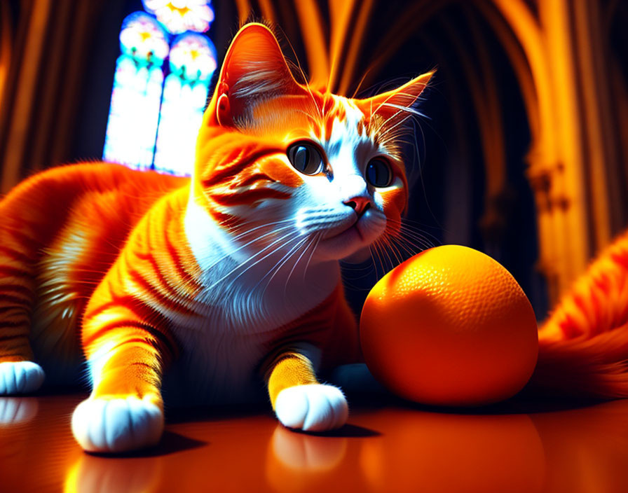 Orange Tabby Cat with Orange Next to Gothic Windows