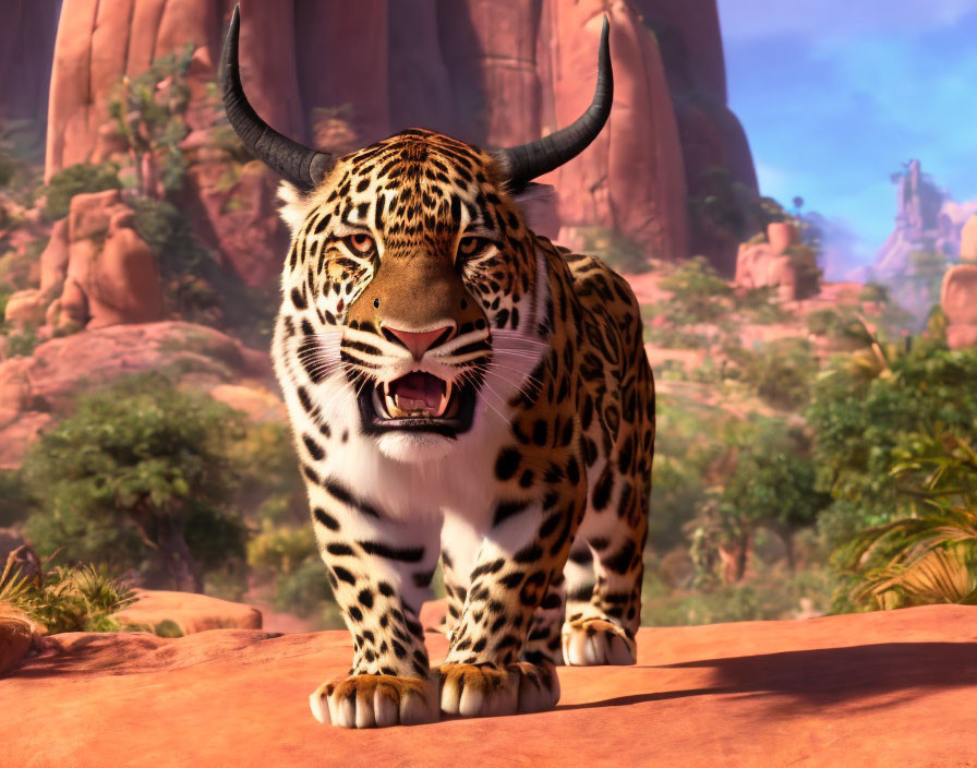 Animated jaguar with large horns snarling in desert landscape