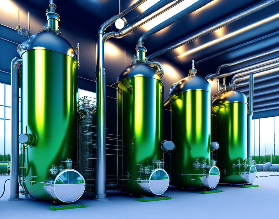 Industrial Interior Featuring Green Cylindrical Tanks and Metal Pipes