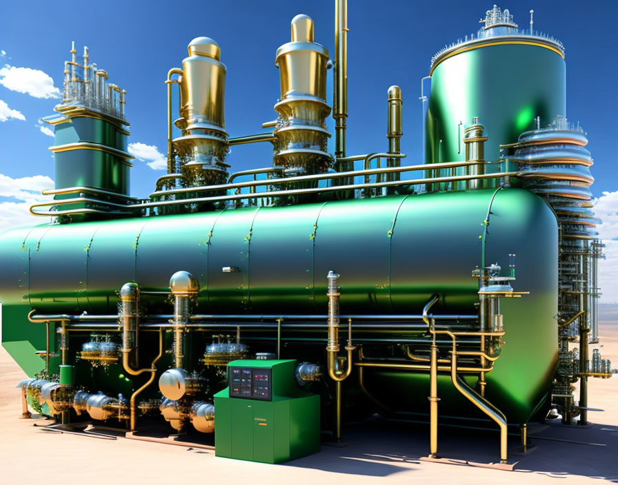 Large green tanks and complex piping at industrial facility under clear blue skies