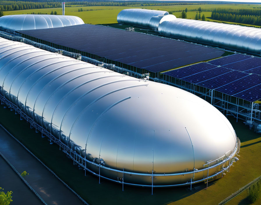 Modern biogas plant with dome digesters and solar panels in green field