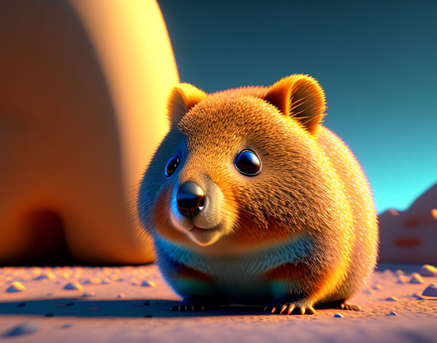 Stylized 3D-animated quokka in desert sunset landscape