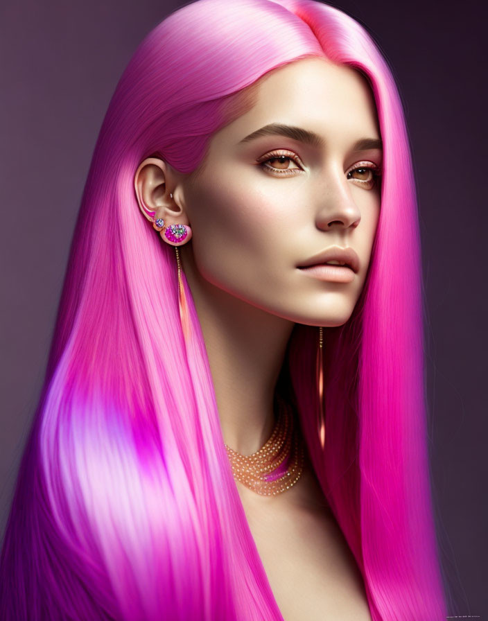 Person with Vibrant Pink Hair, Fair Complexion, Striking Eyes, and Gold Jewelry