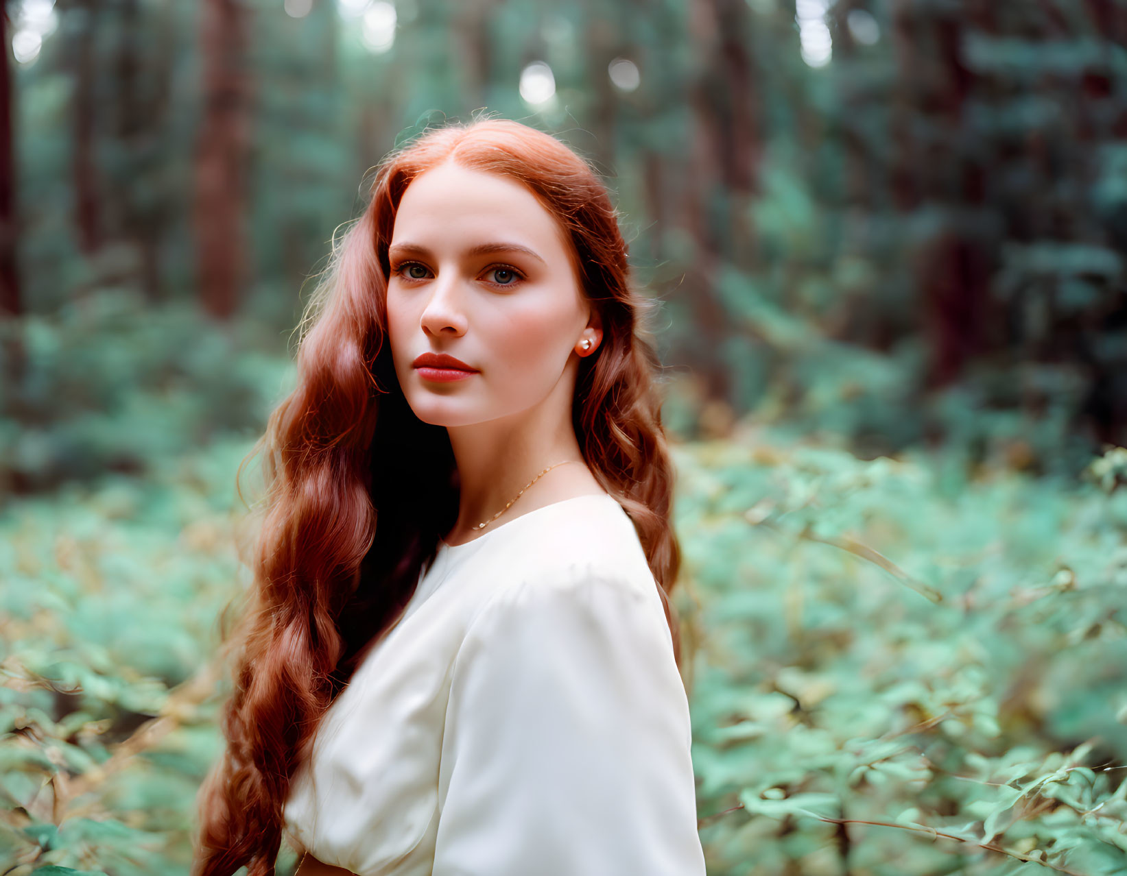 Long-haired woman in white blouse surrounded by greenery with serene gaze.