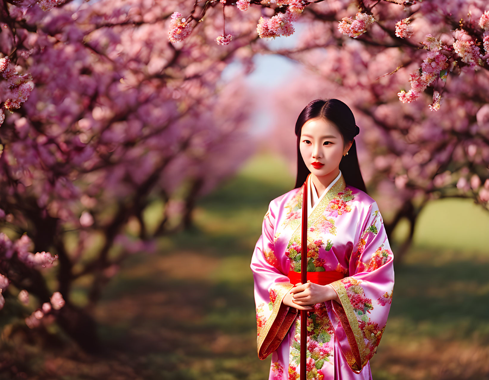 Woman in Vibrant Pink Kimono Surrounded by Cherry Blossoms