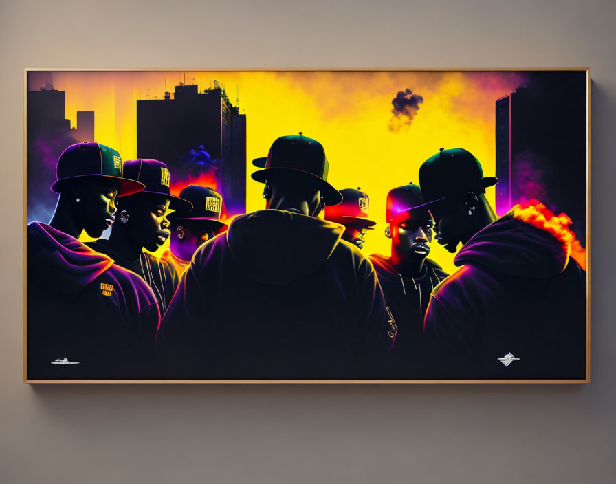 Stylized figures in baseball caps and hoodies against city sunset