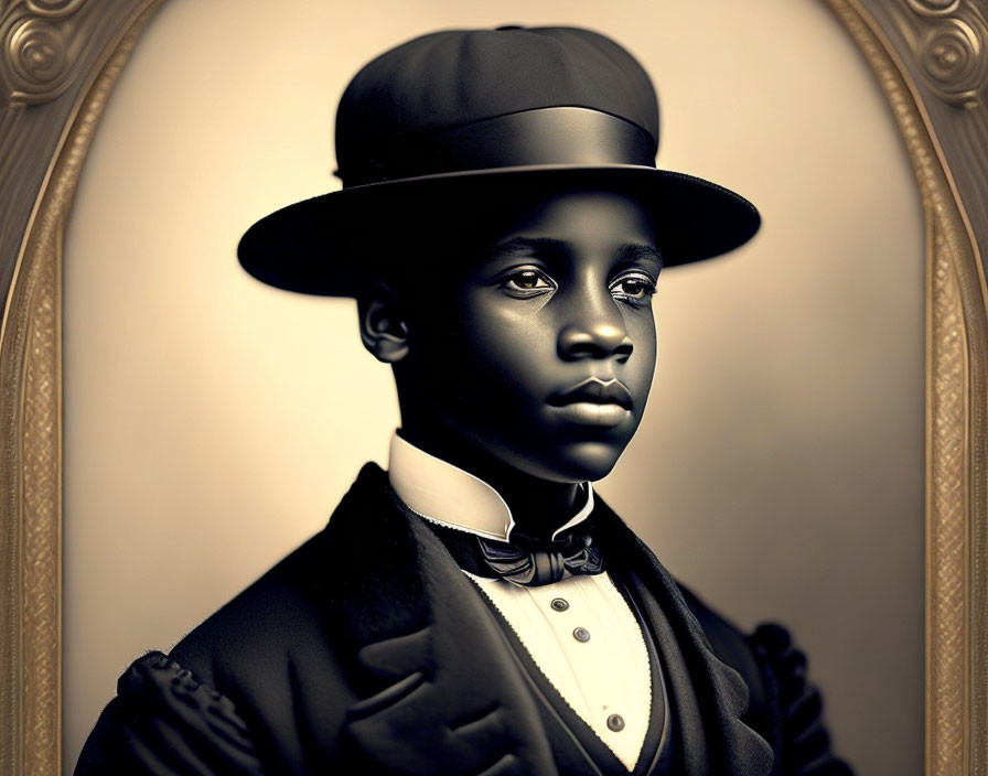 Vintage sepia portrait of young person in formal attire with bow tie and top hat.