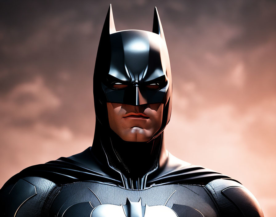 Detailed Close-up of Batman in Black Suit with Pointed Ear Cowl against Twilight Sky