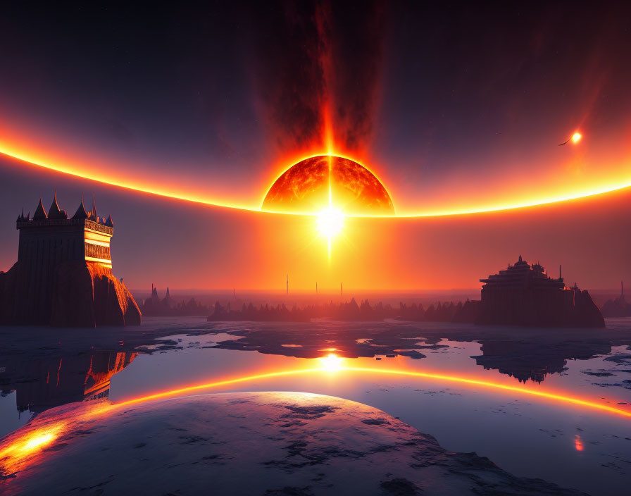 Large Sun Setting over Futuristic Landscape with Reflecting Structures