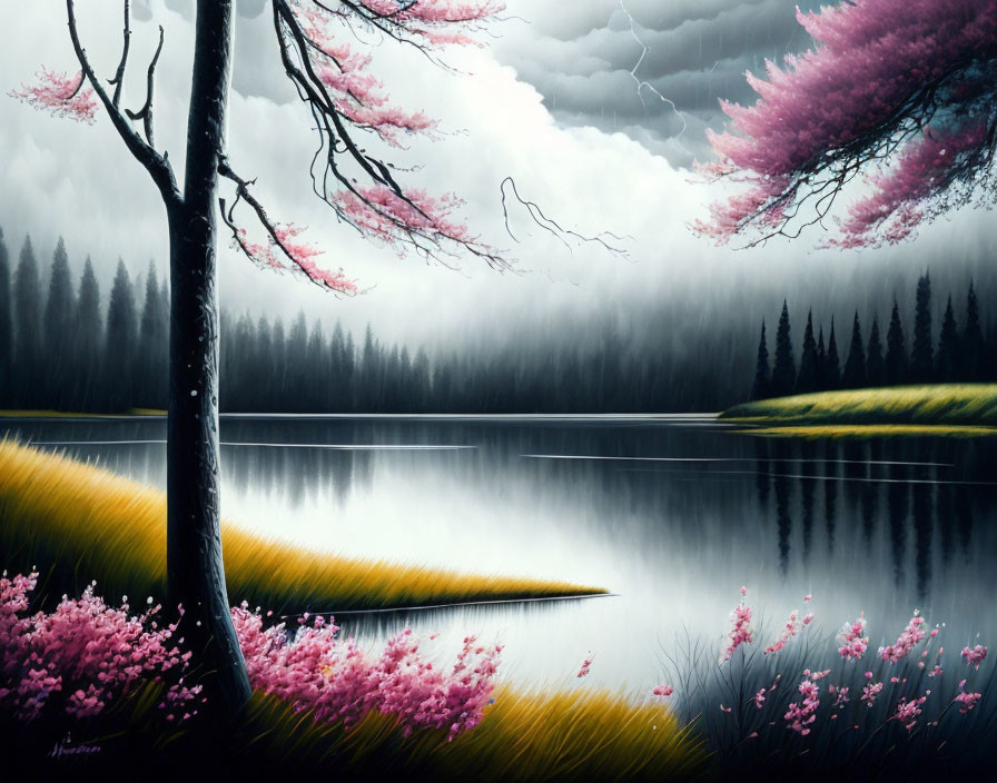 Tranquil landscape with pink blooming trees by calm lake