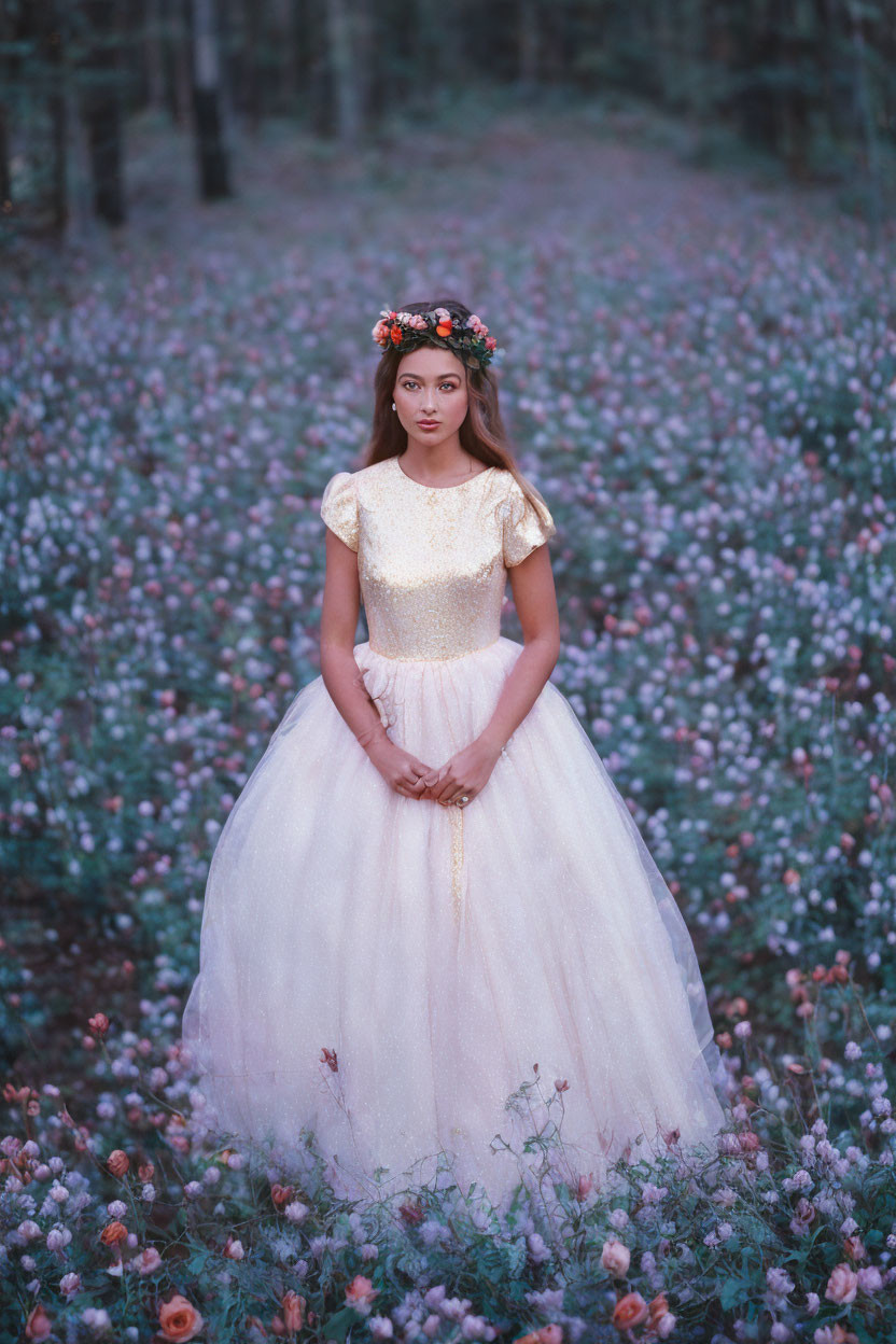 Woman in gold and white dress surrounded by pink flowers in serene forest setting