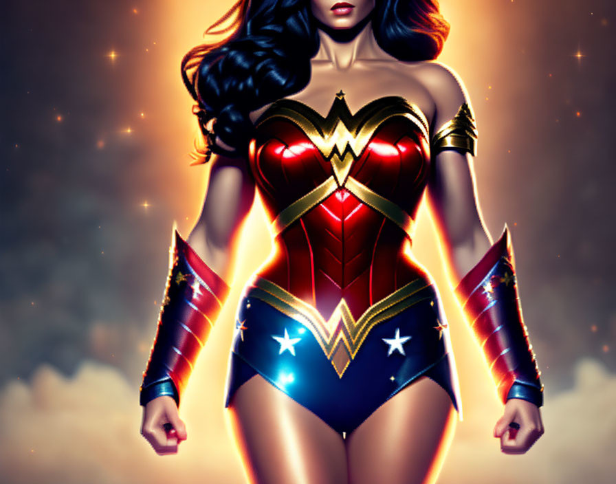 Female superhero in red, blue, and gold costume with golden "W" emblem on chest, against