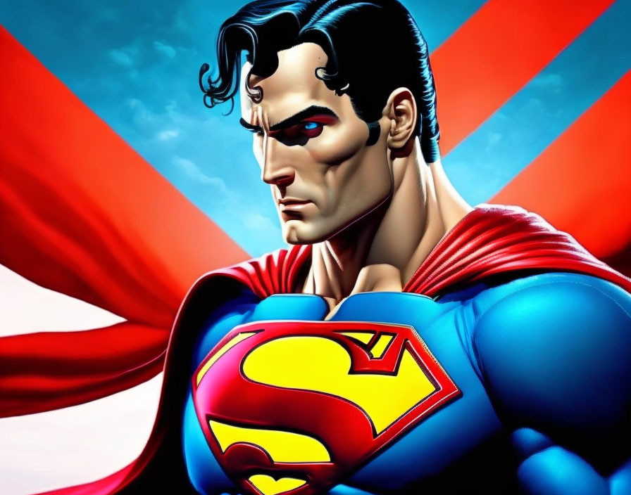 Superman in blue costume with red cape on blue and red backdrop